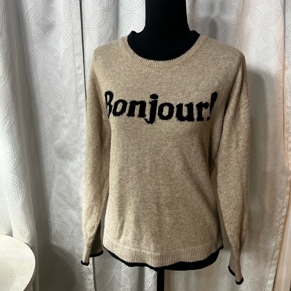 LOFT Beige and Black Crew Neck Sweater